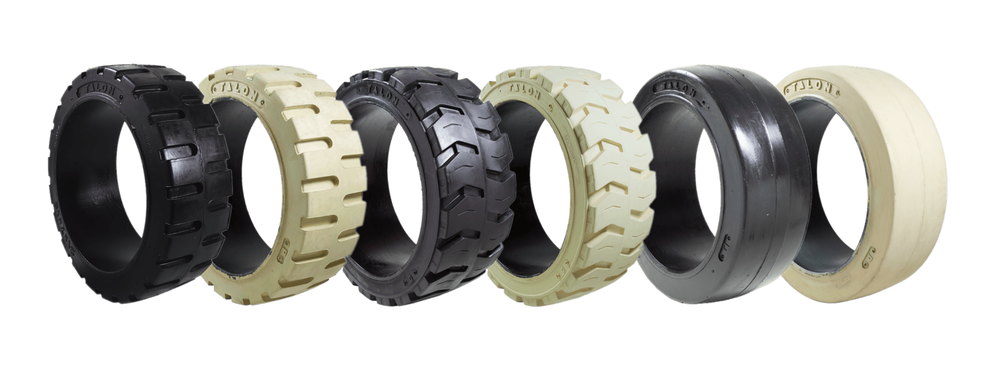 Range of press-on forklift tyres in black and non-marking