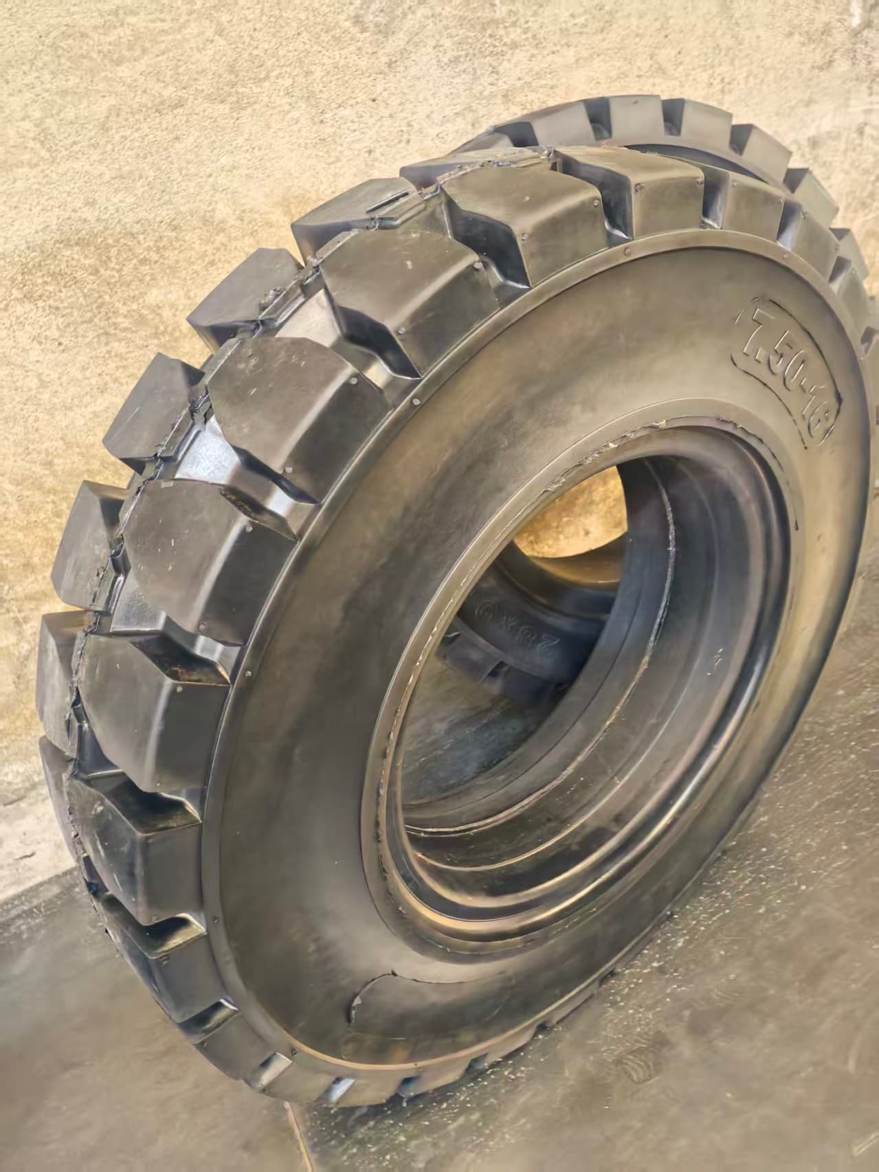 Solid forklift tyre close-up