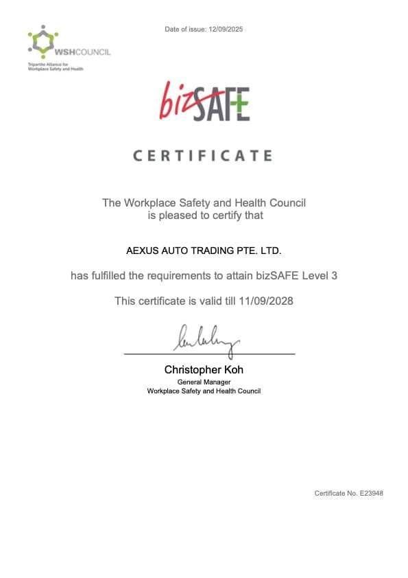 bizSAFE Level 3 certificate — Aexus Auto Trading Pte. Ltd.