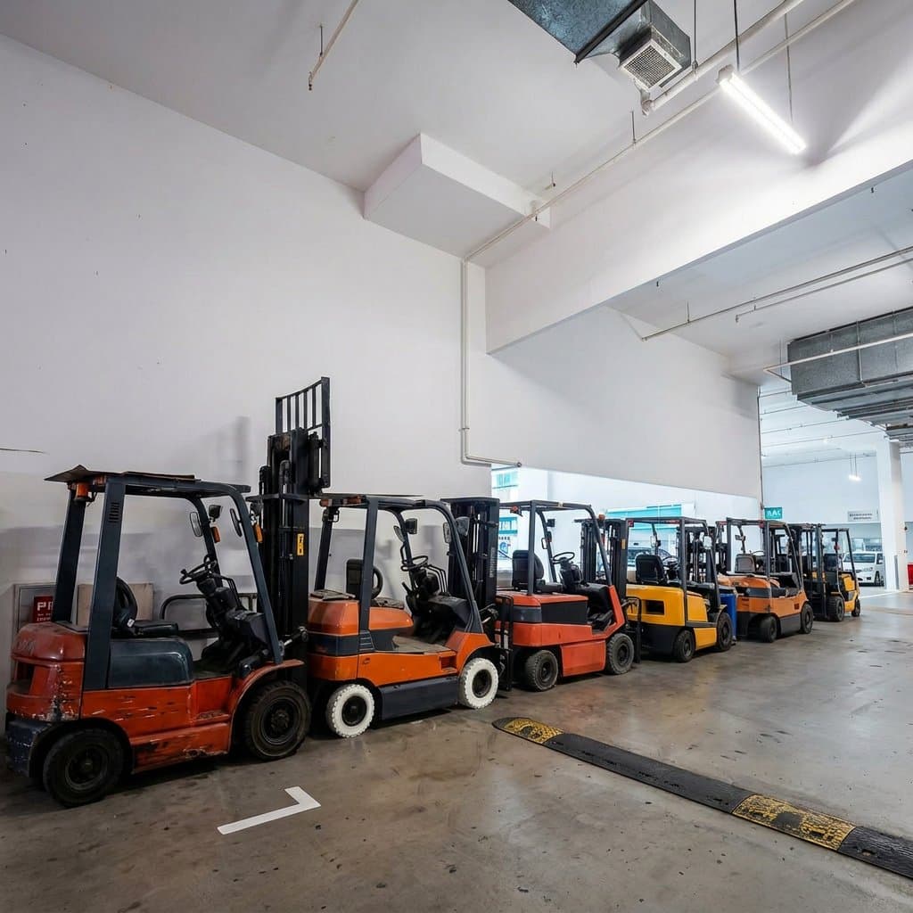 Fleet of forklifts at Aexus Auto Trading warehouse