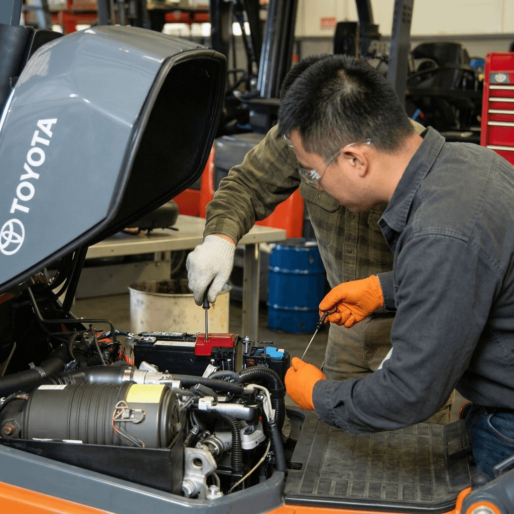 Technician repairing a Toyota forklift engine